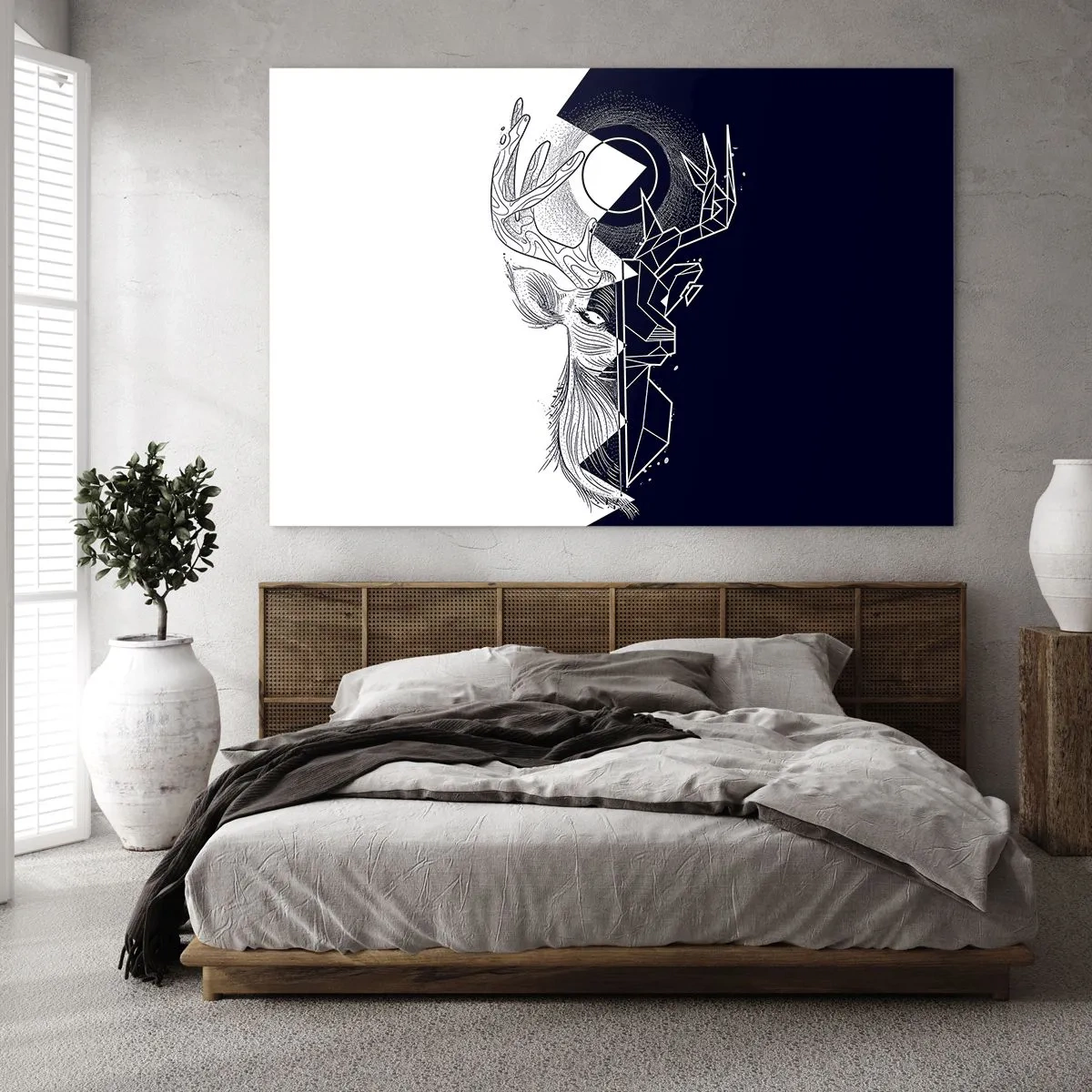 Impression sur verre - Image sur verre - Dessin géométrique d'un cerf sur fond noir et blanc - 70x50cm - La lutte et l'unité des contraires - Décoration murale moderne pour le salon et la chambre ARTTOR