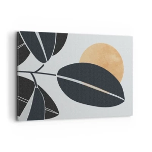 Impression sur toile - Image sur toile - Un motif de feuille minimaliste avec un soleil brillant en arrière-plan. - 120x80cm - Une chaude journée d'été - Décoration murale moderne pour le salon et la chambre ARTTOR