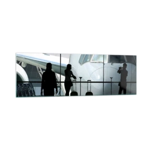 Impression sur verre - Image sur verre - Aéroport avec des silhouettes de personnes et une vue de l'avion - 160x50cm - Vis-à-vis de l'aéroport - Décoration murale moderne pour le salon et la chambre ARTTOR