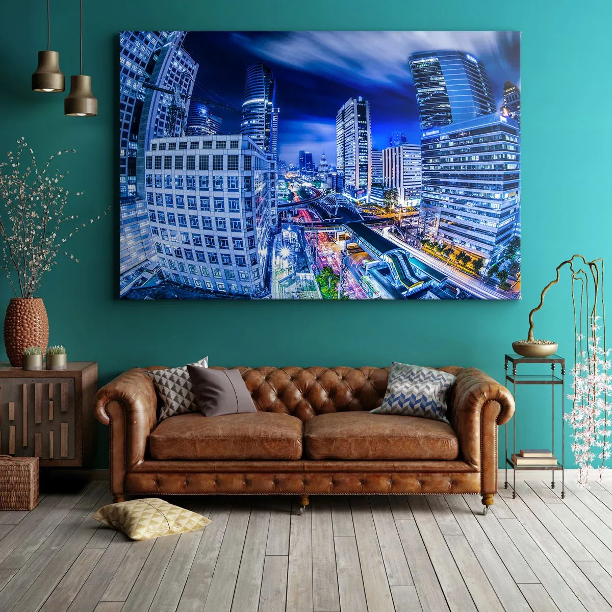 Impression sur toile - Image sur toile - Panorama nocturne de la ville avec gratte-ciels et lampadaires - 70x50cm - Rythmes de la ville nocturne - Décoration murale moderne pour le salon et la chambre ARTTOR