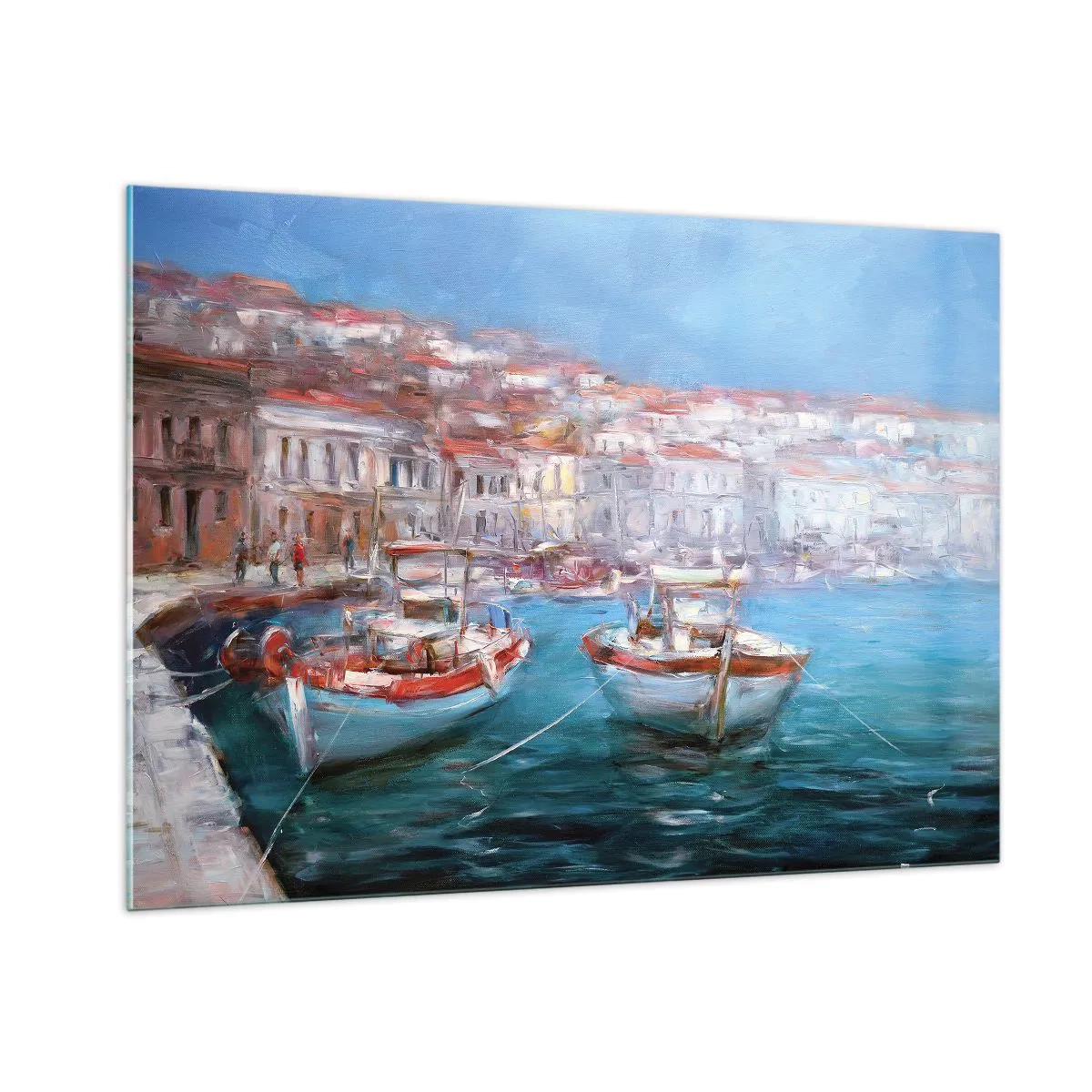 Impression sur verre - Image sur verre - Port de pêche avec des bateaux sur fond de bâtiments italiens et de ciel bleu - 100x70cm - Baie italienne - Décoration murale moderne pour le salon et la chambre ARTTOR