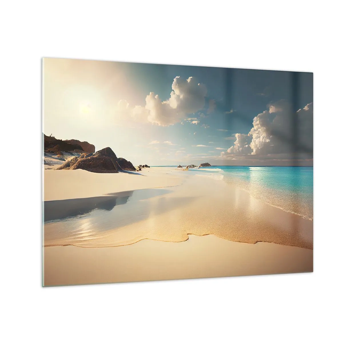 Impression sur verre - Image sur verre - Plage dorée et mer turquoise à la lumière du soleil du matin - 70x50cm - Une journée de rêve - Décoration murale moderne pour le salon et la chambre ARTTOR