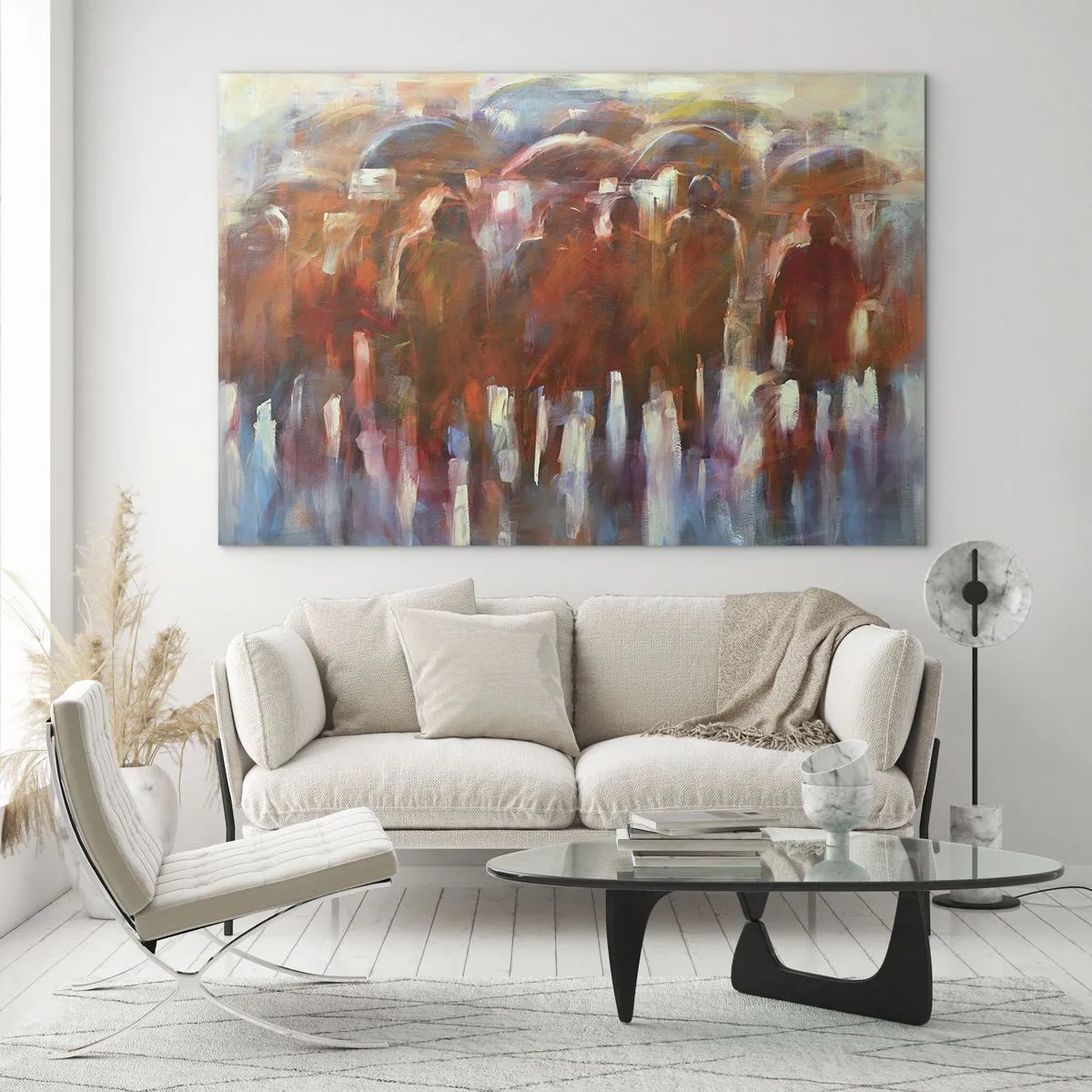 Impression sur verre - Image sur verre - Une foule de personnes avec des parapluies dans une abstraction artistique - 120x80cm - Identiques sous la pluie et dans le brouillard - Décoration murale moderne pour le salon et la chambre ARTTOR