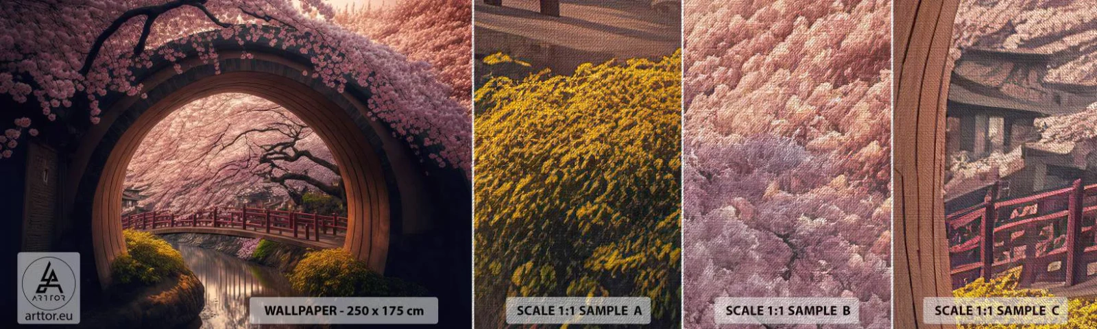 Échantillon de Papier Peint Premium Canvas - Printemps japonais - Pont, Japon, Cerise japonaise - 100x30 cm