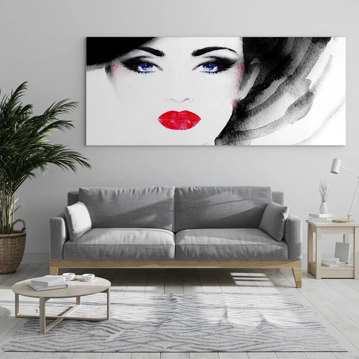 Impression sur verre - Image sur verre - Portrait d'une femme aux lèvres rouges et aux yeux bleus intenses - 140x50cm - Elle repousse et attire - Décoration murale moderne pour le salon et la chambre ARTTOR