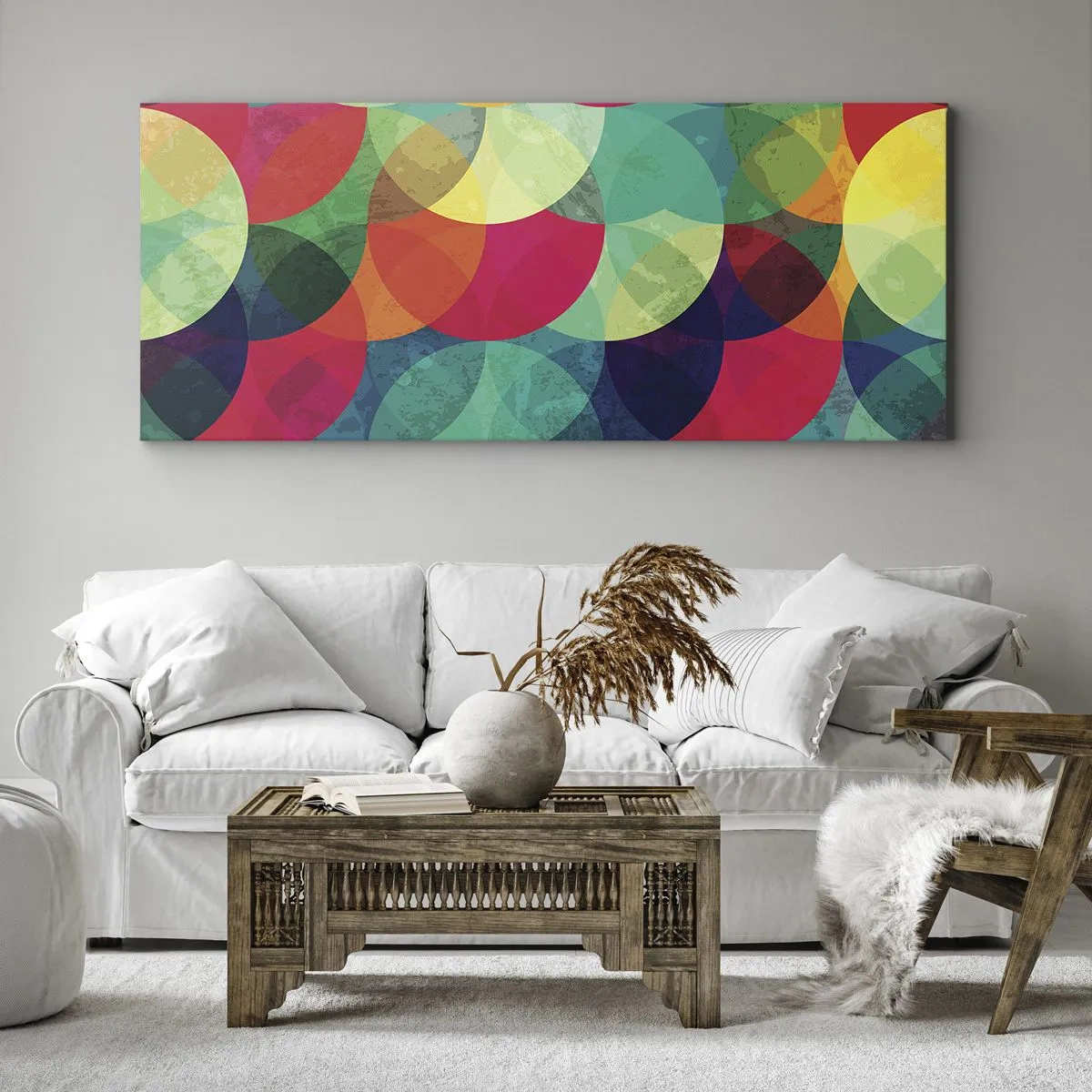 Impression sur toile - Image sur toile - Motifs géométriques colorés composés de cercles et de demi-cercles - 160x50cm - Ascension - Décoration murale moderne pour le salon et la chambre ARTTOR