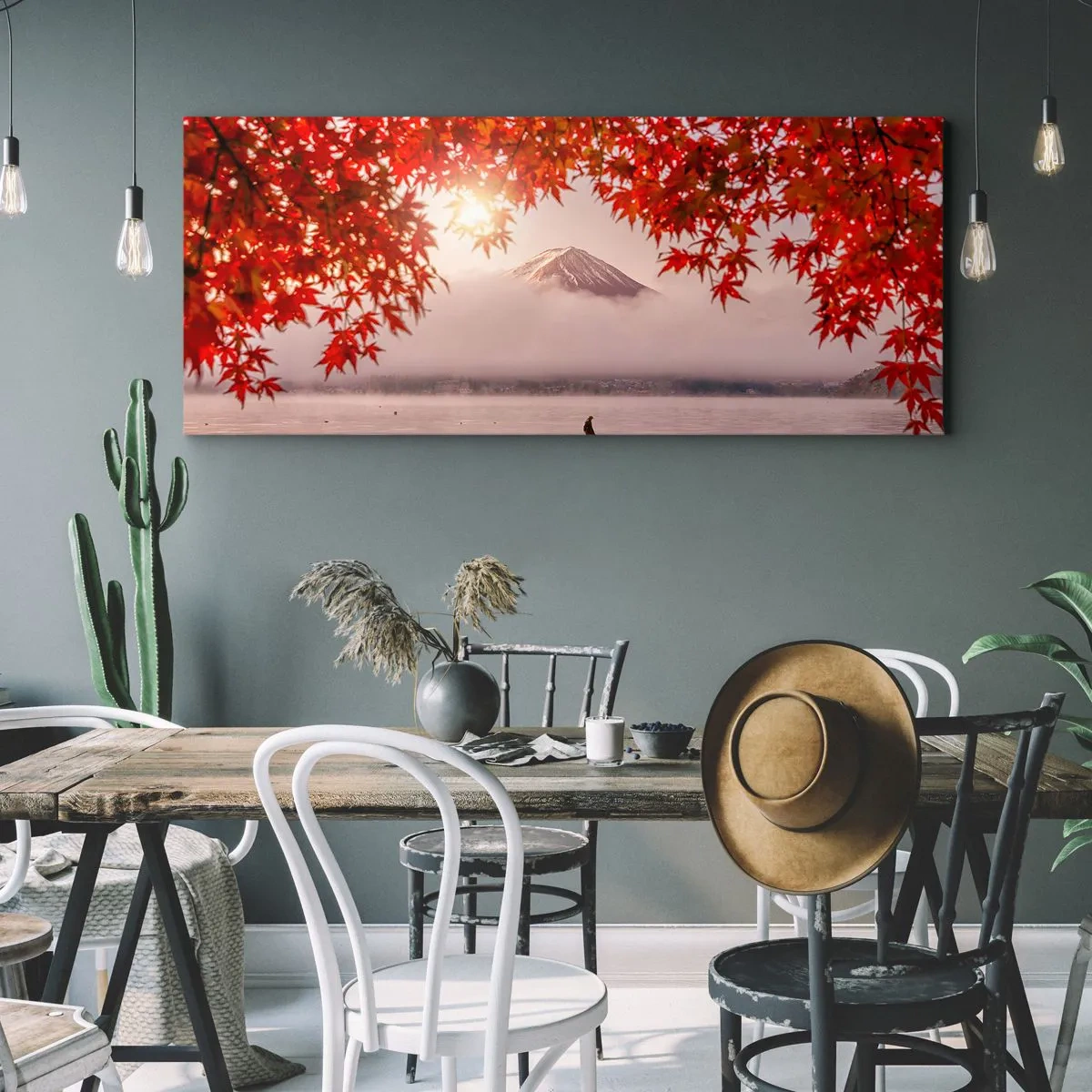 Impression sur toile - Image sur toile - Un bateau sur un lac entouré de feuilles d'érable rouges - 160x50cm - Dans le climat japonais - Décoration murale moderne pour le salon et la chambre ARTTOR