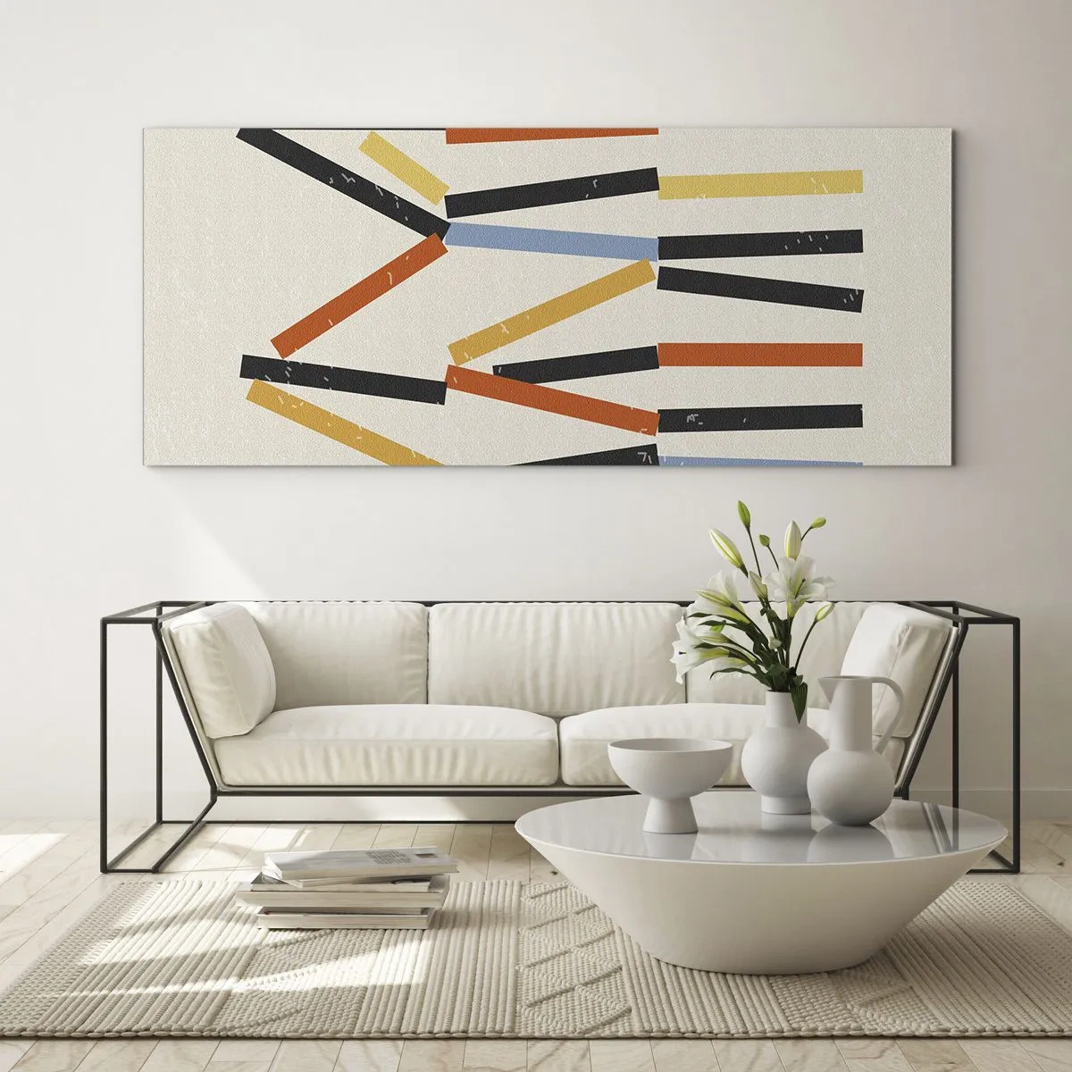 Impression sur verre - Image sur verre - Composition abstraite avec des rectangles colorés et noirs disposés horizontalement - 160x50cm - Composition de niveaux - Décoration murale moderne pour le salon et la chambre ARTTOR