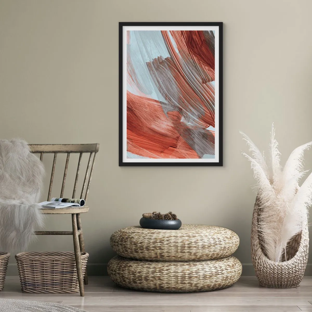Affiche dans un cadre noir - Poster - Coups de pinceau dynamiques dans des tons chauds - 50x70cm - Abstraction venteuse et automnale - Décoration murale moderne pour le salon et la chambre ARTTOR