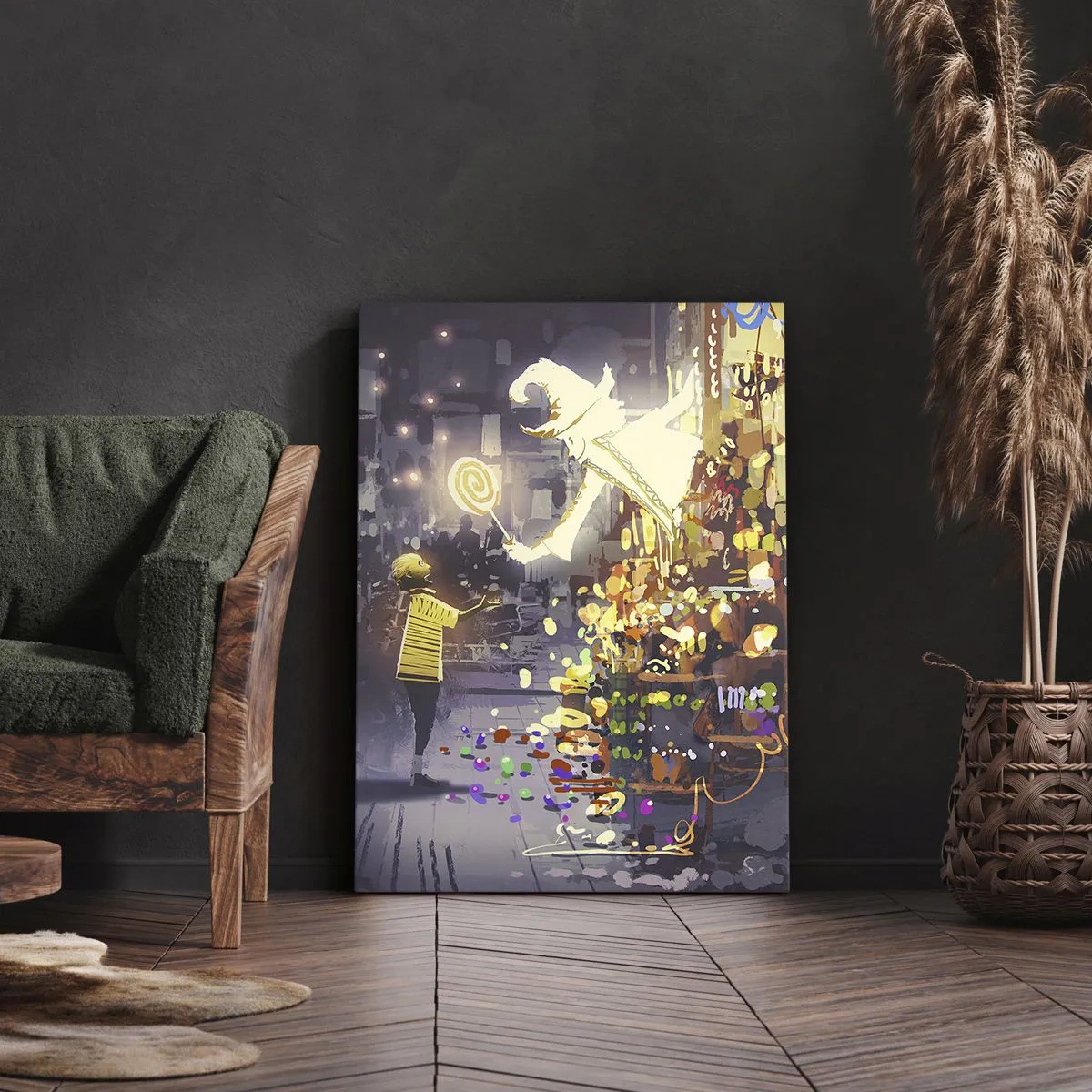 Impression sur toile - Image sur toile - Un personnage de conte de fées et un enfant dans une rue pleine de lumières et de magie - 80x120cm - La magie existe - Décoration murale moderne pour le salon et la chambre ARTTOR