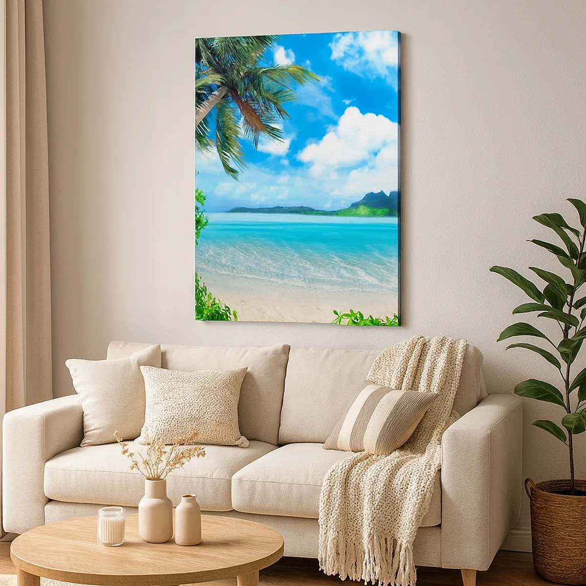 Impression sur toile - Image sur toile - Plage tropicale avec palmiers et vue sur l'île - 50x70cm - L'azur des tropiques - Décoration murale moderne pour le salon et la chambre ARTTOR