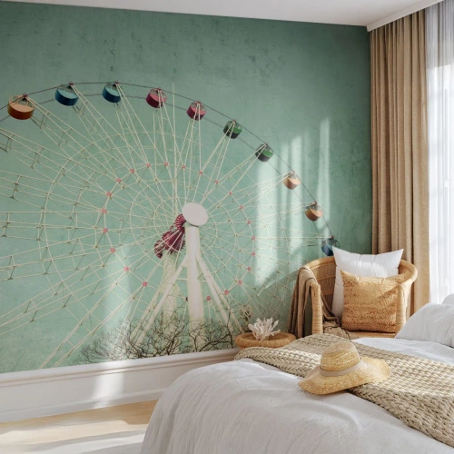 Papier Peint Photo Premium Sand - Une grande roue colorée contre un ciel turquoise - 100x70cm - Nous vous invitons à vous amuser - Décoration murale moderne pour le salon et la chambre ARTTOR