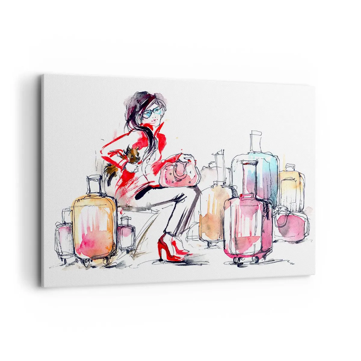 Impression sur toile - Image sur toile - Une femme avec des valises dans une illustration aquarelle dynamique - 100x70cm - Asseyons-nous avant le voyage - Décoration murale moderne pour le salon et la chambre ARTTOR