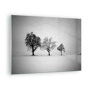 Impression sur verre - Image sur verre - Trois arbres solitaires dans une zone enneigée - 70x50cm - A quoi rêvent-ils? - Décoration murale moderne pour le salon et la chambre ARTTOR