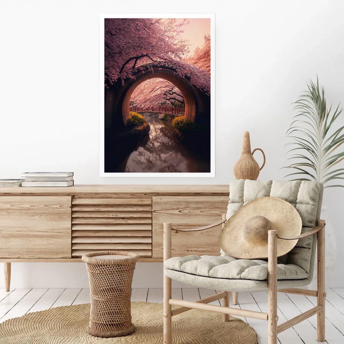 Affiche - Poster - Un pont romantique parmi les cerisiers en fleurs - 50x70cm - Printemps japonais - Décoration murale moderne pour le salon et la chambre ARTTOR