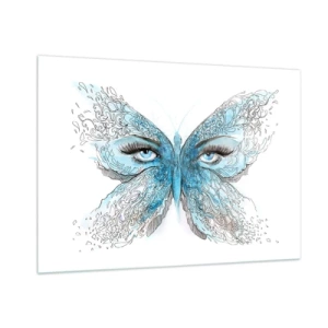 Impression sur verre - Image sur verre - Un papillon aux ailes bleues et aux yeux humains dans un style artistique. - 100x70cm - Mésange bleue Eros - Décoration murale moderne pour le salon et la chambre ARTTOR