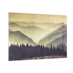 Impression sur verre - Image sur verre - Une vue brumeuse d'une chaîne de montagnes avec une forêt sombre au premier plan - 100x70cm - Derrière les sept montagnes… - Décoration murale moderne pour le salon et la chambre ARTTOR