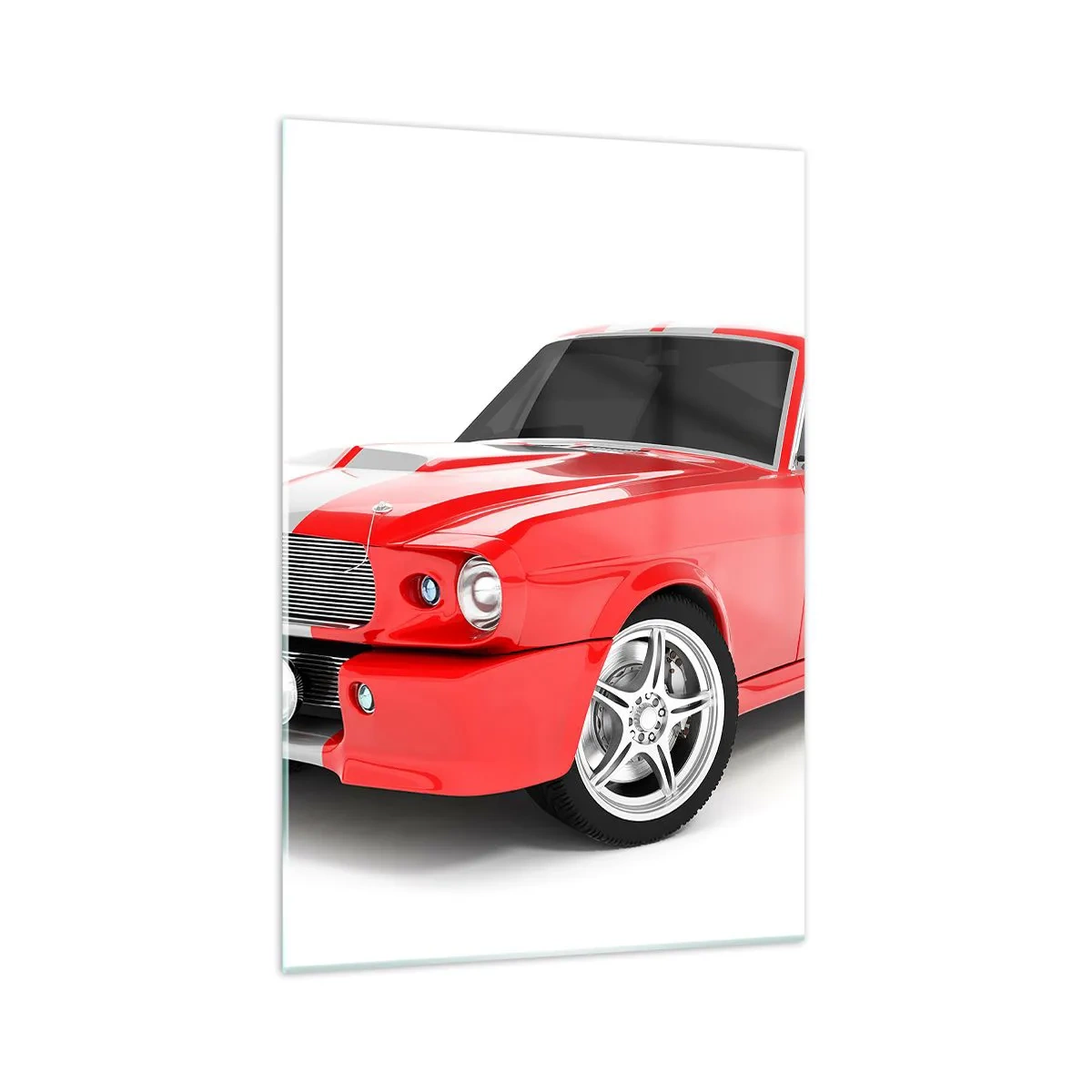Impression sur verre - Image sur verre - Voiture de sport rouge à rayures blanches - 70x100cm - Une Mustang aussi rapide que le vent - Décoration murale moderne pour le salon et la chambre ARTTOR
