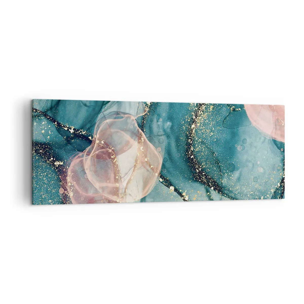 Impression sur toile - Image sur toile - Une composition abstraite dans des tons turquoise et or. - 140x50cm - Soie bleu, tulle rose - Décoration murale moderne pour le salon et la chambre ARTTOR