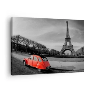 Impression sur toile - Image sur toile - Une voiture rouge avec la Tour Eiffel en arrière-plan dans un paysage en noir et blanc - 70x50cm - Plus parisien que Paris lui-même - Décoration murale moderne pour le salon et la chambre ARTTOR