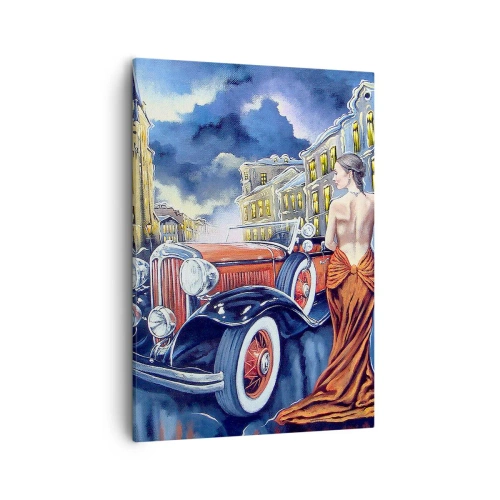 Impression sur toile - Image sur toile - Une femme dans une robe élégante à côté d'une voiture rétro la nuit - 50x70cm - Nocturne en bleu et corail - Décoration murale moderne pour le salon et la chambre ARTTOR