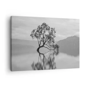 Impression sur toile - Image sur toile - Un arbre solitaire se reflétant dans l'eau avec des montagnes en arrière-plan - 70x50cm - Un tel pays existe - Décoration murale moderne pour le salon et la chambre ARTTOR