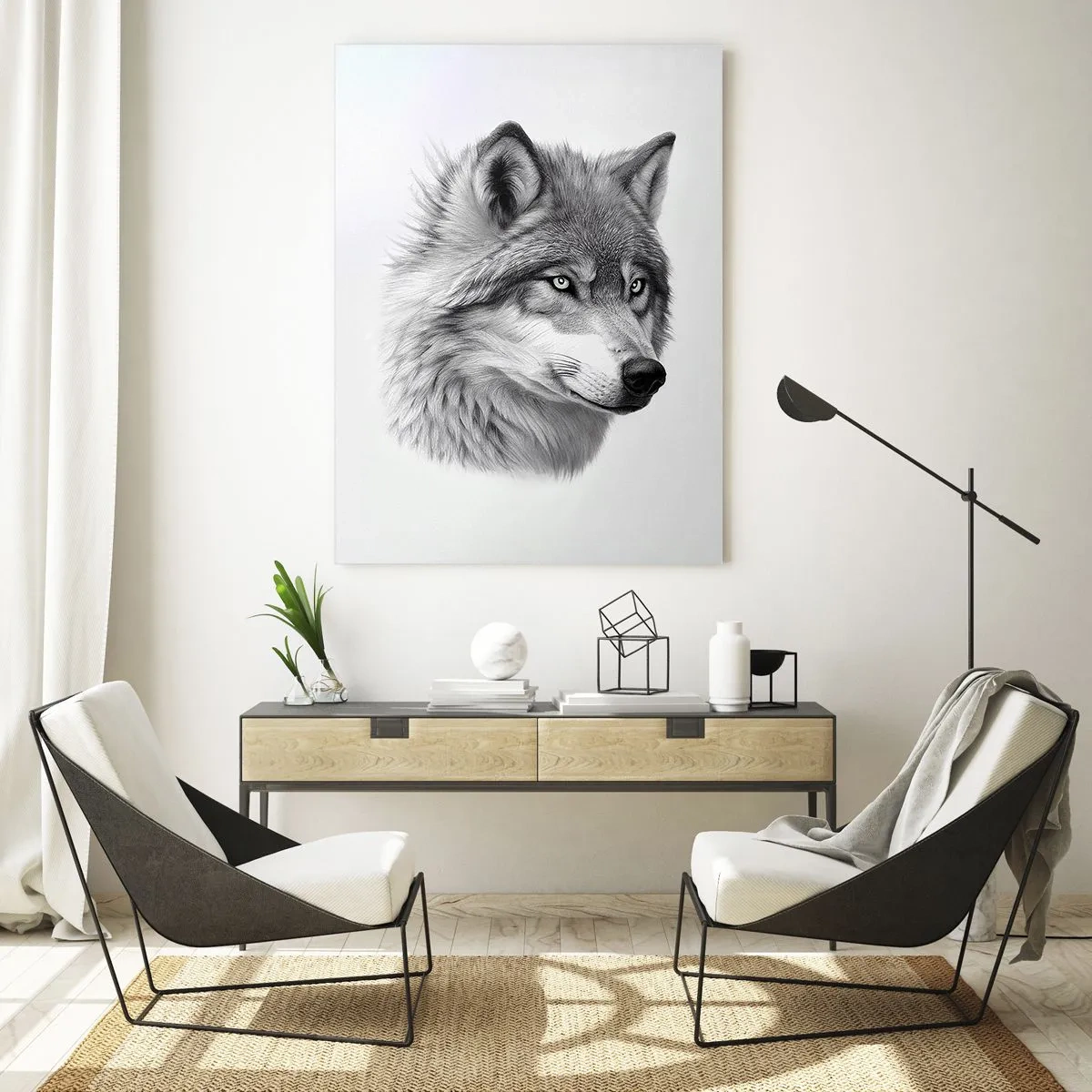 Impression sur verre - Image sur verre - Un portrait réaliste d'un loup dans des tons de gris. - 70x100cm - Alpha – sans aucun doute - Décoration murale moderne pour le salon et la chambre ARTTOR