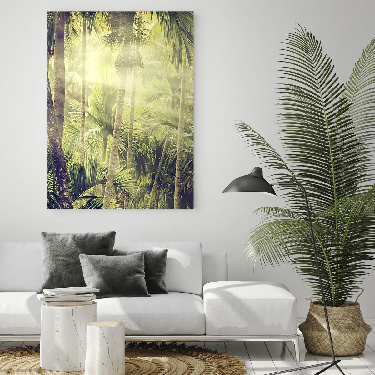 Impression sur verre - Image sur verre - Rayons de soleil dans une forêt tropicale de palmiers - 70x100cm - Nature enflammée - Décoration murale moderne pour le salon et la chambre ARTTOR