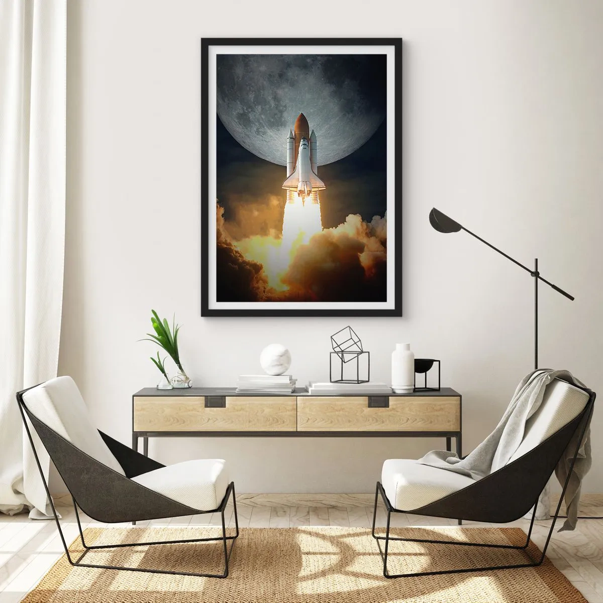 Affiche dans un cadre noir - Poster - Lancement de la navette spatiale avec la Lune en arrière-plan - 50x70cm - Le début d'une aventure surnaturelle - Décoration murale moderne pour le salon et la chambre ARTTOR