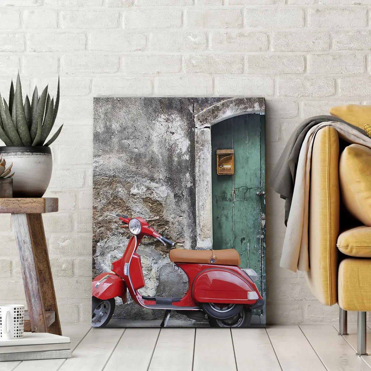 Impression sur toile - Image sur toile - Scooter rouge près de la porte verte - 50x70cm - Vacances italiennes - Décoration murale moderne pour le salon et la chambre ARTTOR