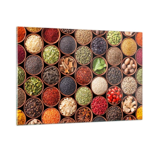 Impression sur verre - Image sur verre - Une composition de diverses épices dans des bols en bois - 120x80cm - Toutes les saveurs du monde - Décoration murale moderne pour le salon et la chambre ARTTOR