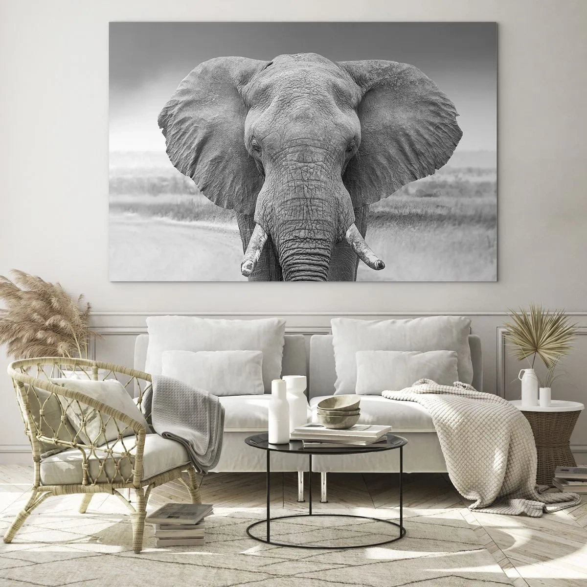 Impression sur verre - Image sur verre - Portrait noir et blanc d'un éléphant dans la savane - 70x50cm - Bienvenue dans mon monde - Décoration murale moderne pour le salon et la chambre ARTTOR