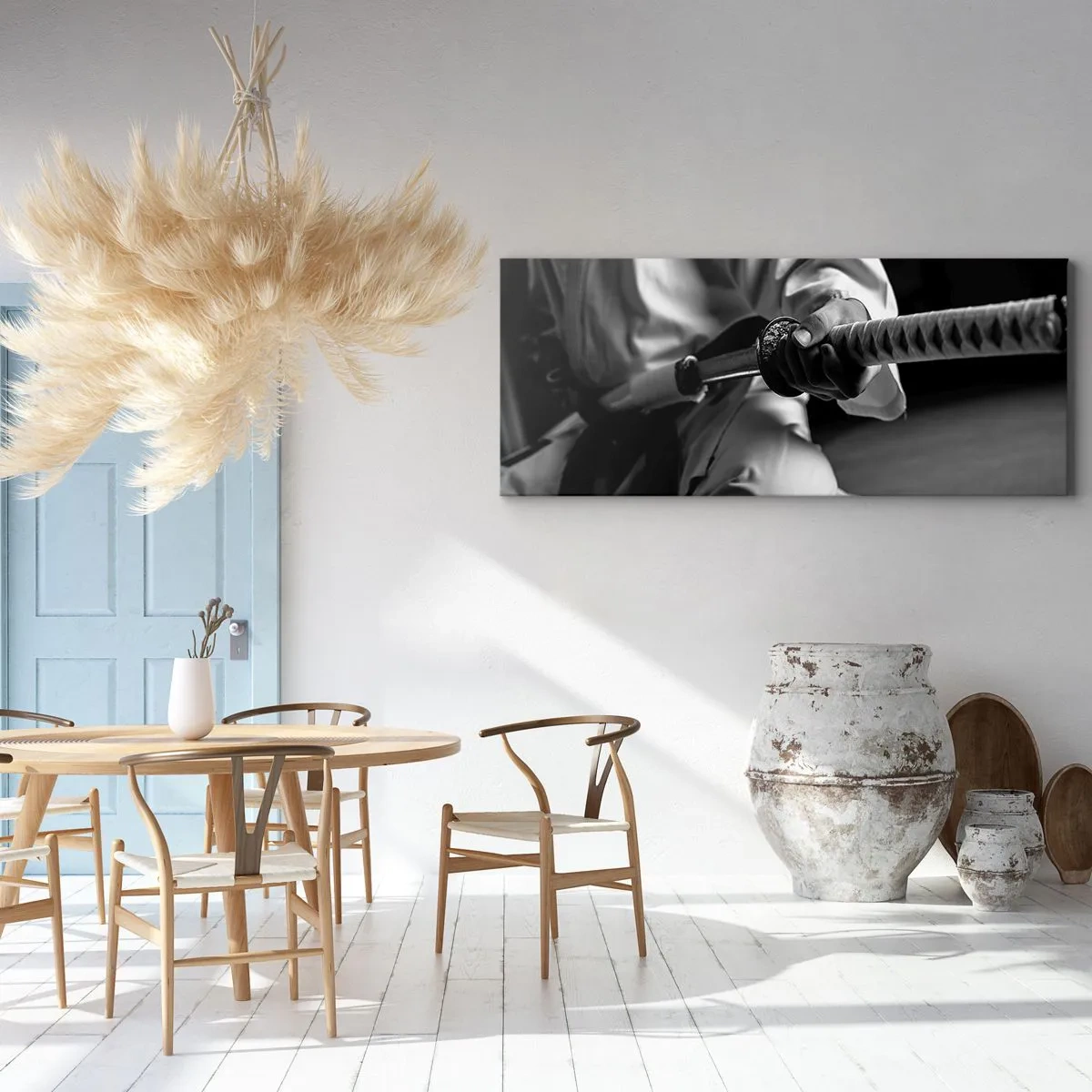 Impression sur toile - Image sur toile - Un samouraï en kimono tenant un katana en noir et blanc. - 120x50cm - Âme de guerrier - Décoration murale moderne pour le salon et la chambre ARTTOR