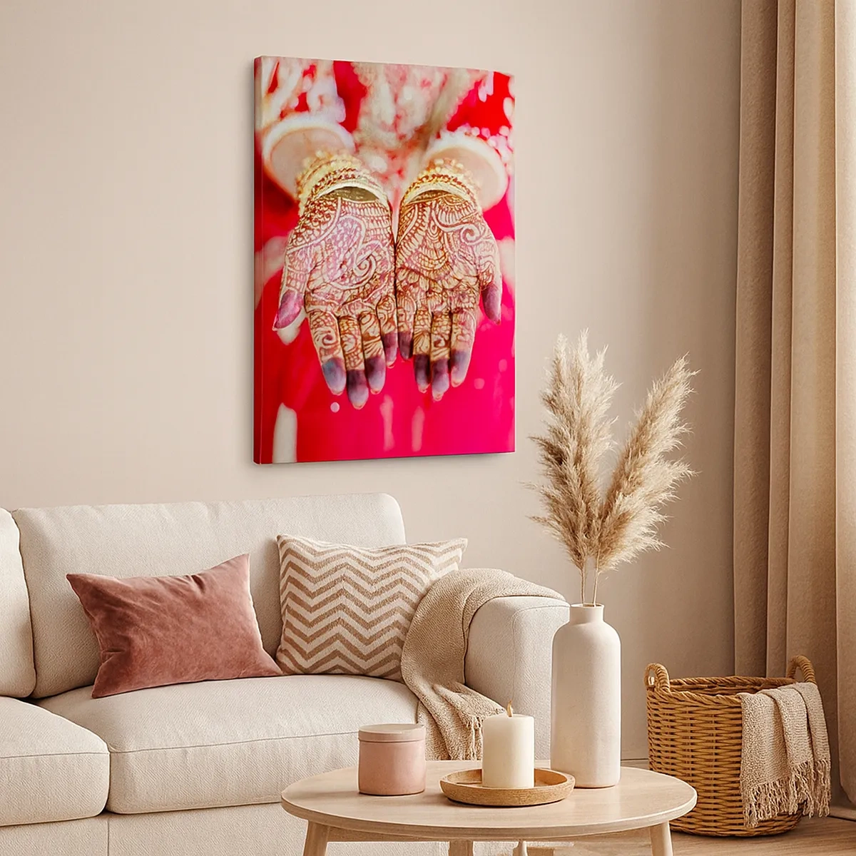 Impression sur toile - Image sur toile - Mains décorées au henné sur fond de robe rouge - 50x70cm - Prêt à saisir votre chance - Décoration murale moderne pour le salon et la chambre ARTTOR