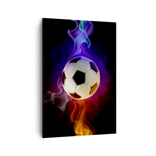 Impression sur toile - Image sur toile - Un ballon de football entouré d'effets de fumée colorés sur un fond sombre. - 70x100cm - Le pouvoir magique du jeu - Décoration murale moderne pour le salon et la chambre ARTTOR