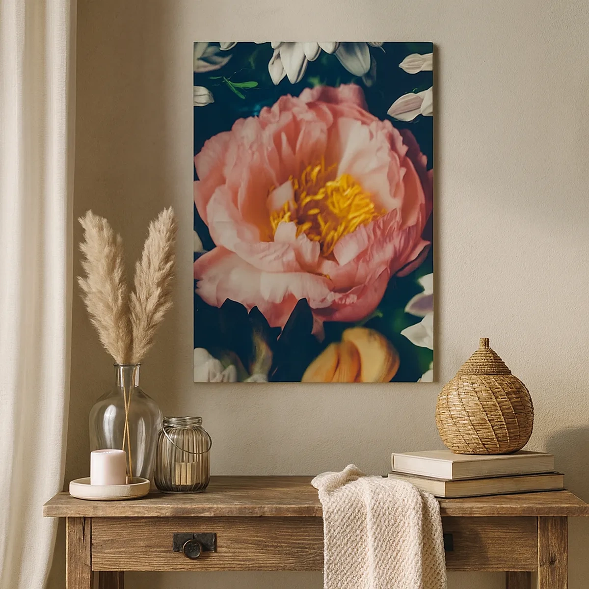 Impression sur toile - Image sur toile - Composition florale avec pivoines et chrysanthèmes sur fond sombre - 50x70cm - Splendeur baroque - Décoration murale moderne pour le salon et la chambre ARTTOR