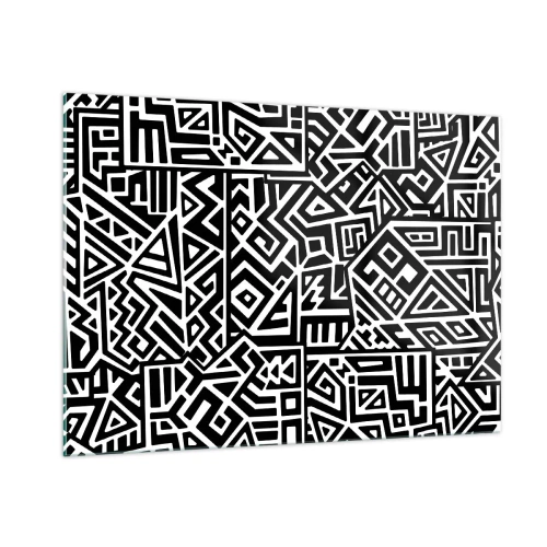 Impression sur verre - Image sur verre - Motif noir et blanc inspiré de l'art tribal - 100x70cm - Composition précolombienne - Décoration murale moderne pour le salon et la chambre ARTTOR