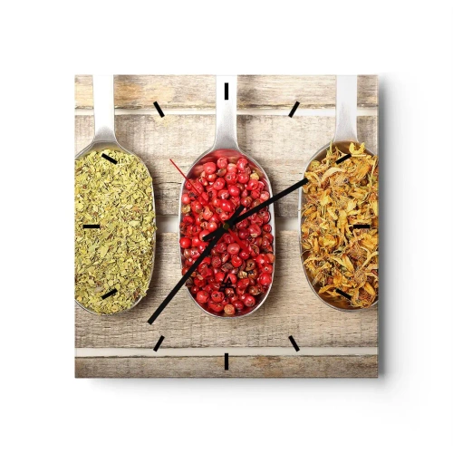 Horloge murale - Pendule murale - Trois cuillères en métal avec des épices sur un fond en bois - 30x30cm - Magie de la cuisine - Décoration murale moderne pour le salon et la chambre ARTTOR