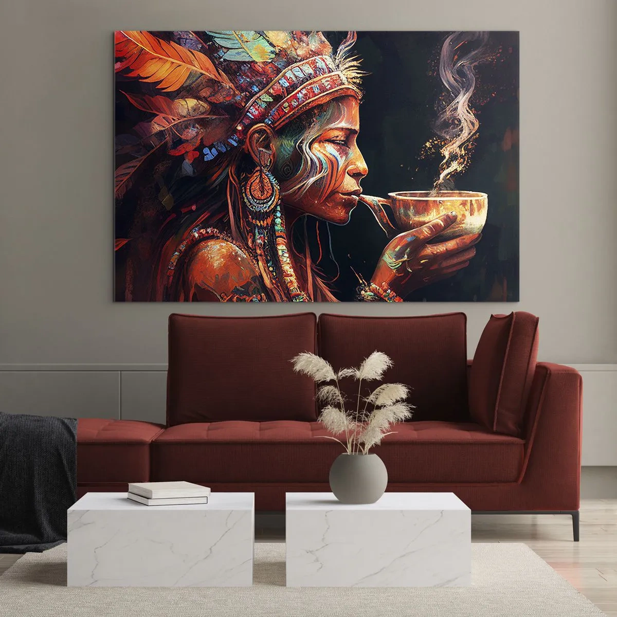 Impression sur verre - Image sur verre - Une figure portant une coiffe à plumes buvant une potion dans une atmosphère mystique - 70x50cm - Rituel magique - Décoration murale moderne pour le salon et la chambre ARTTOR