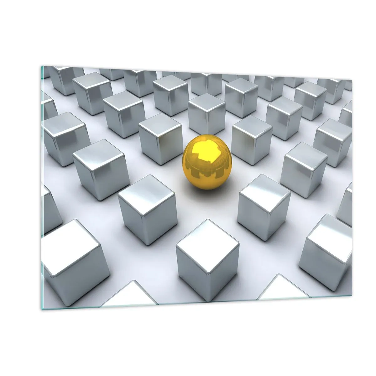 Impression sur verre - Image sur verre - Une sphère dorée entourée de cubes d'argent - 120x80cm - Pourquoi moi? Composition géométrique - Décoration murale moderne pour le salon et la chambre ARTTOR
