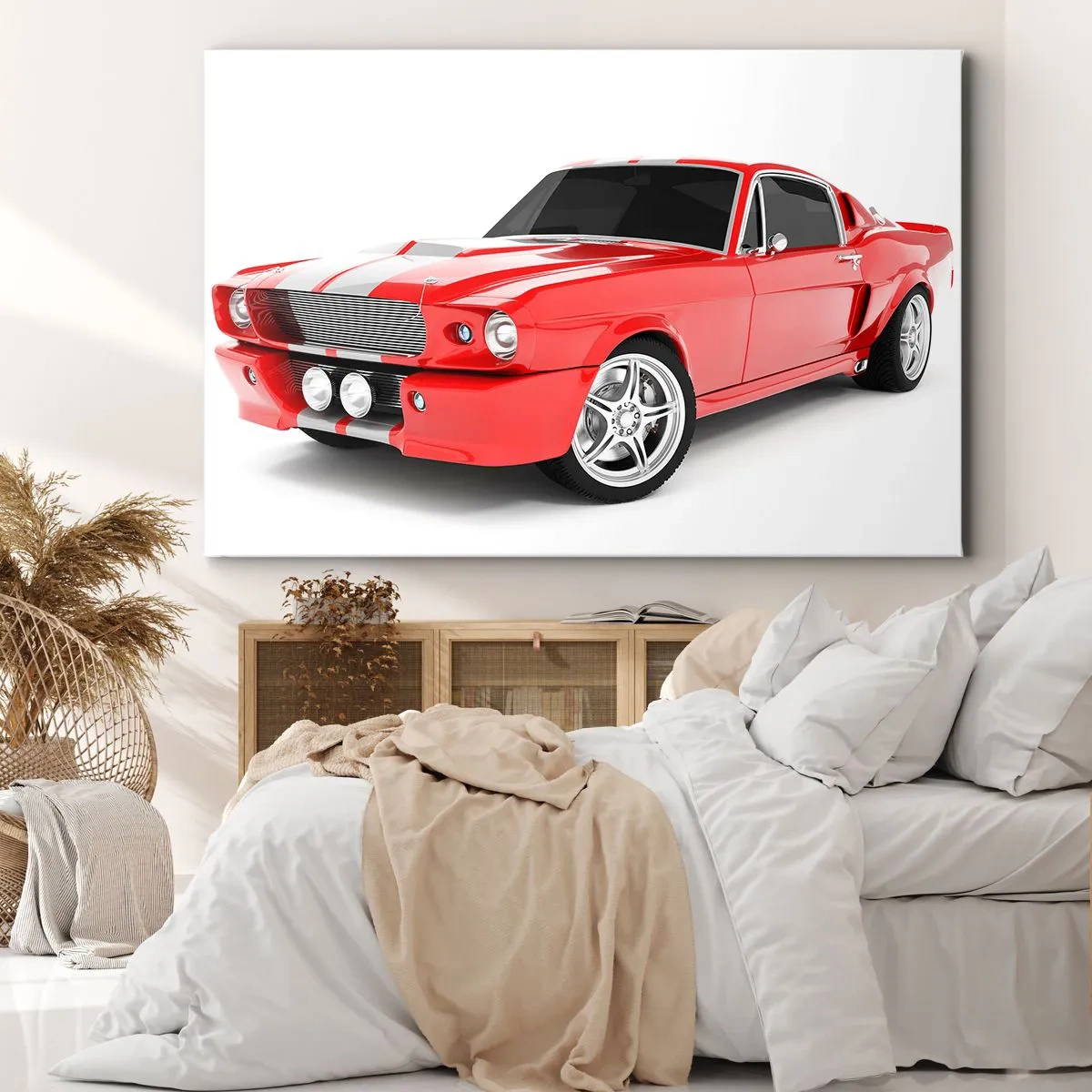 Impression sur toile - Image sur toile - Voiture de sport rouge à rayures blanches - 120x80cm - Une Mustang aussi rapide que le vent - Décoration murale moderne pour le salon et la chambre ARTTOR
