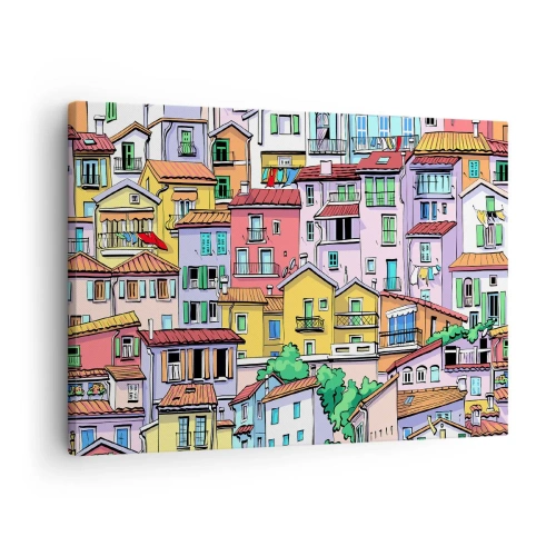 Impression sur toile - Image sur toile - Des immeubles colorés au style vivant et joyeux - 70x50cm - Ville joyeuse - Décoration murale moderne pour le salon et la chambre ARTTOR