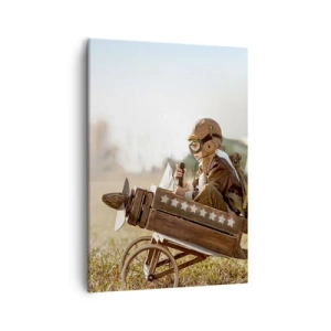 Impression sur toile - Image sur toile - Un enfant dans un avion jouet avec un champ en arrière-plan - 50x70cm - Départ vers un rêve - Décoration murale moderne pour le salon et la chambre ARTTOR