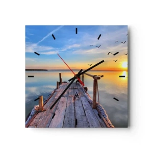 Horloge murale - Pendule murale - Jetée en bois au coucher du soleil sur un lac calme - 30x30cm - Marcher droit vers le soleil - Décoration murale moderne pour le salon et la chambre ARTTOR