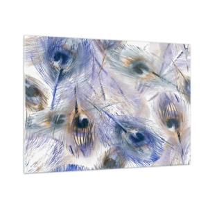 Impression sur verre - Image sur verre - Plumes de paon délicates dans des tons de bleu et de marron - 100x70cm - Composition de paon - Décoration murale moderne pour le salon et la chambre ARTTOR