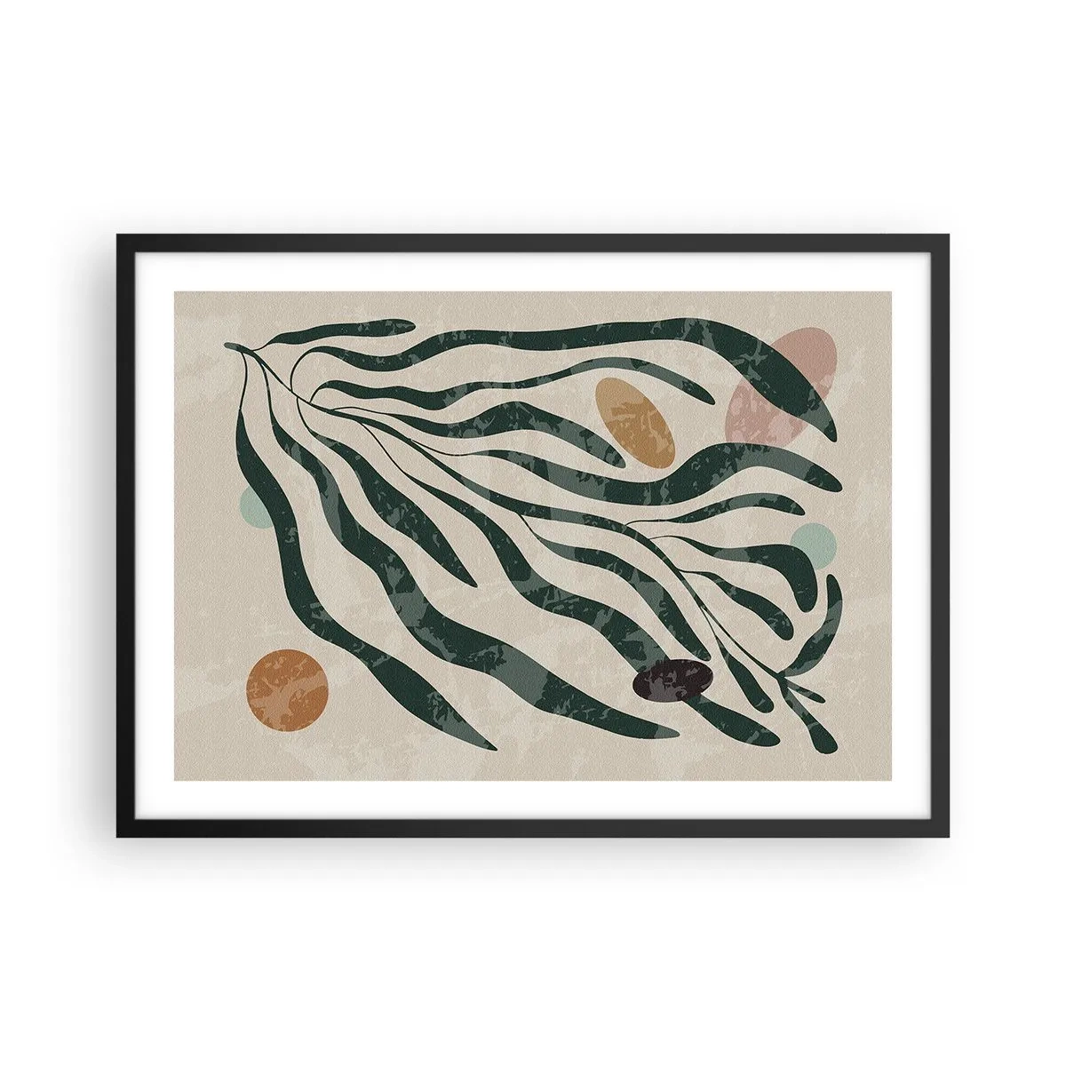 Affiche dans un cadre noir - Poster - Lignes et formes organiques en vert et beige - 70x50cm - Parmi la verdure - Décoration murale moderne pour le salon et la chambre ARTTOR