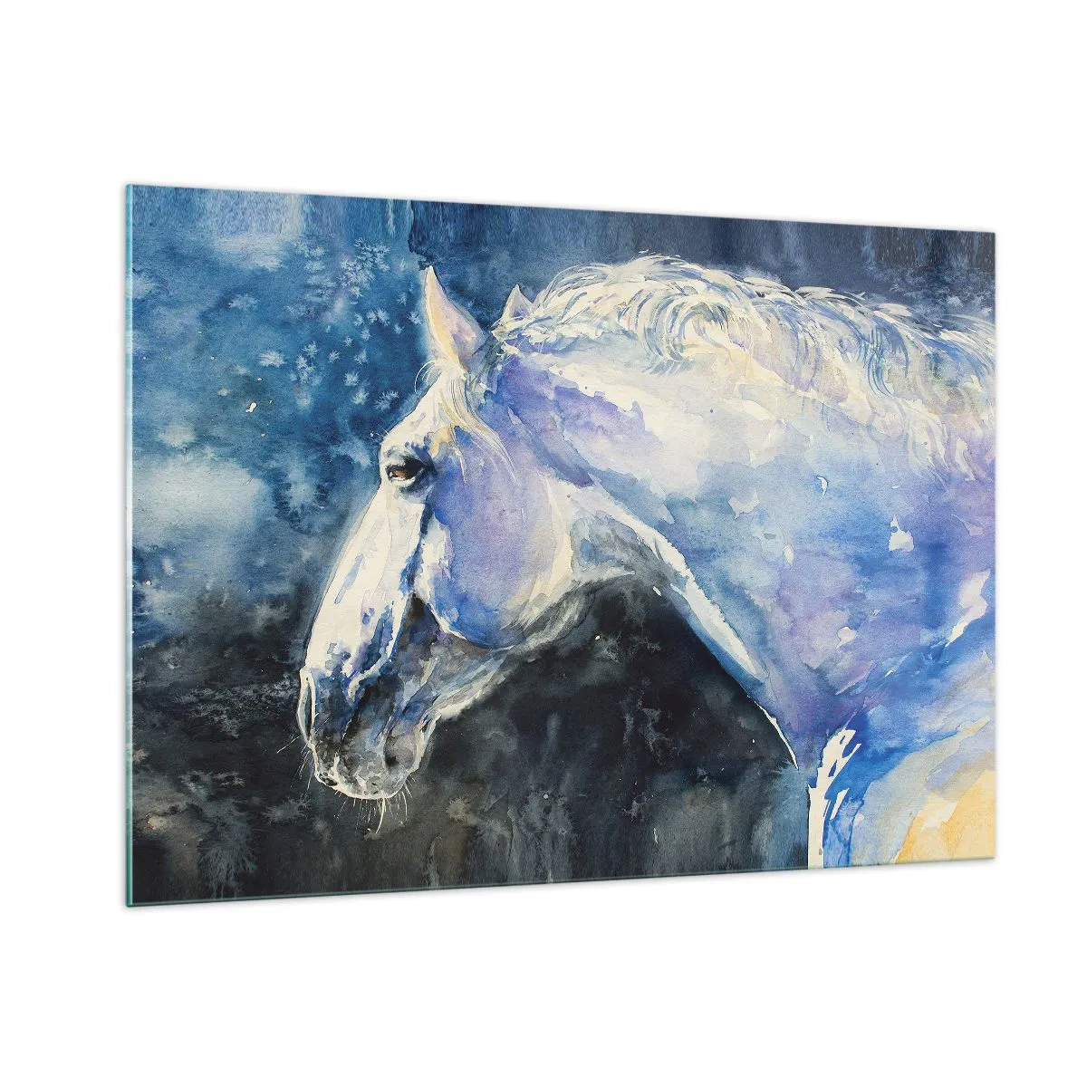Impression sur verre - Image sur verre - Portrait à l'aquarelle d'un cheval dans les tons bleus - 100x70cm - Portrait dans une lueur azur - Décoration murale moderne pour le salon et la chambre ARTTOR