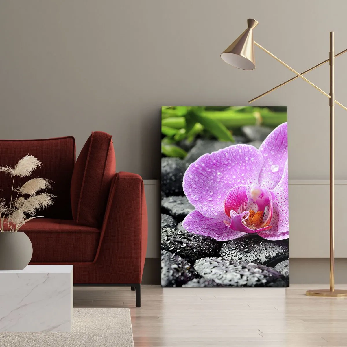Impression sur toile - Image sur toile - Orchidée rose sur des pierres noires humides avec des feuilles vertes - 50x70cm - Comme un coeur ouvert - Décoration murale moderne pour le salon et la chambre ARTTOR