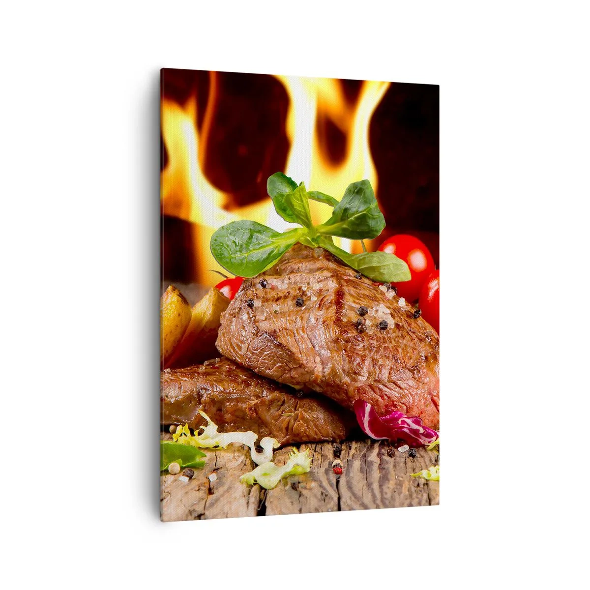 Impression sur toile - Image sur toile - Steak grillé avec accompagnements sur fond de flammes - 70x100cm - Ensorcelé par la braise - Décoration murale moderne pour le salon et la chambre ARTTOR