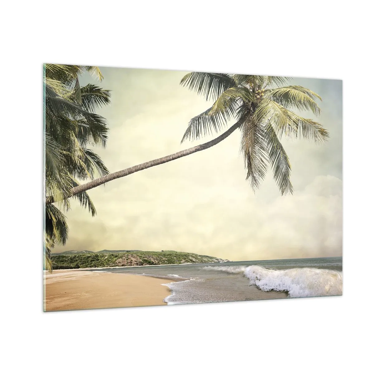 Impression sur verre - Image sur verre - Plage tropicale avec palmiers et vagues - 100x70cm - Rêve tropical - Décoration murale moderne pour le salon et la chambre ARTTOR